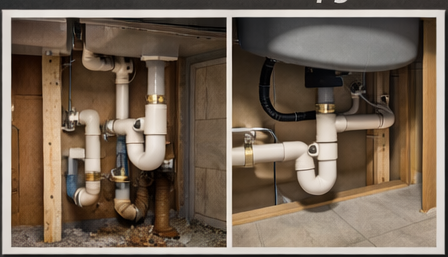 Plumbing before and after showing Rough-in + finishing for kitchens/baths, fixture installs, drain and waterline work.